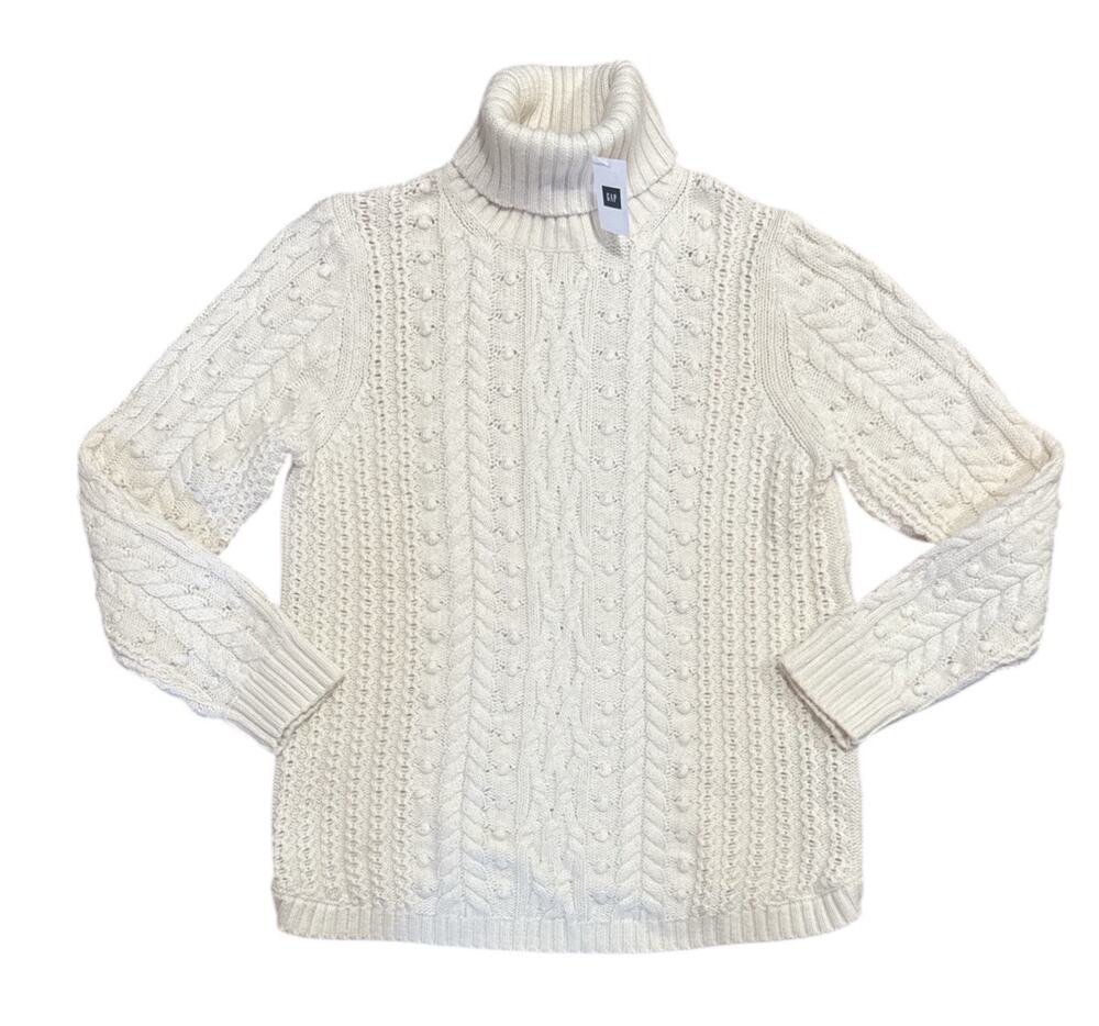 Gap Sweater Chunky Fisherman Ivory Cable-Knit Popcorn Turtleneck Cotton Wool XL